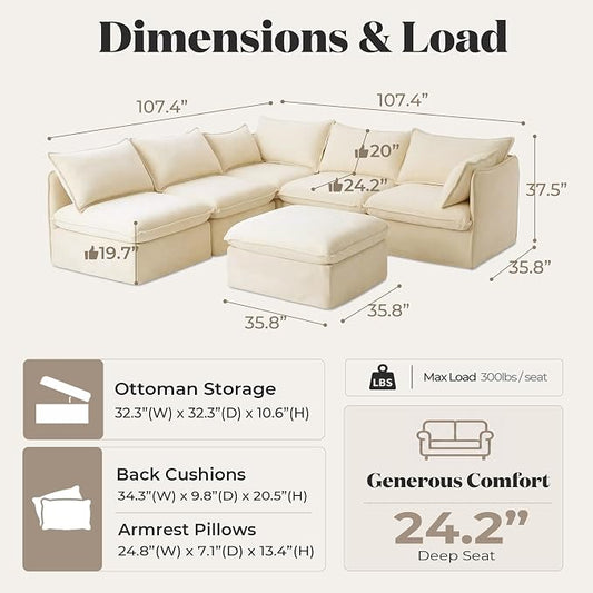 Cloud Modular Corner Sectional, Oversized Deep Seat Comfort, Luxe Chenille | Fully Removable Washable Covers, Memory Foam Seat Cushions, Storage Ottoman, Premium Fabric