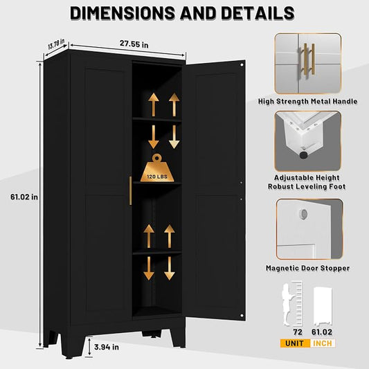PAOFIN 61" Balck Metal Kitchen Storage Cabinet, Kitchen Pantry Storage Cabinet with Doors and Shelves, Storage Cabinet with Adjustable Leveling Foot for Kitchen, Living Room and Dining Room