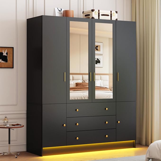 4 Doors LED Armoire Wardrobe Closet with Mirror, 75" Tall Modern Wooden Wardrobe Closet with 3 Drawers, Freestanding Clothing Storage Cabinet with Hanging Rod, Adjustable Shelves, Black