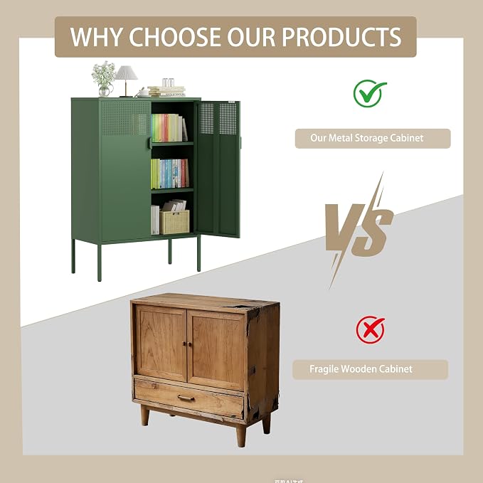 47''H Green Metal Storage Cabinet with 2 Adjustable Shelves, 2 Door Accent Cabinet, 3-Tier Metal Locker with Vent Hole, TV Stand for Entryway, Home Office, Music Studio, Home Office