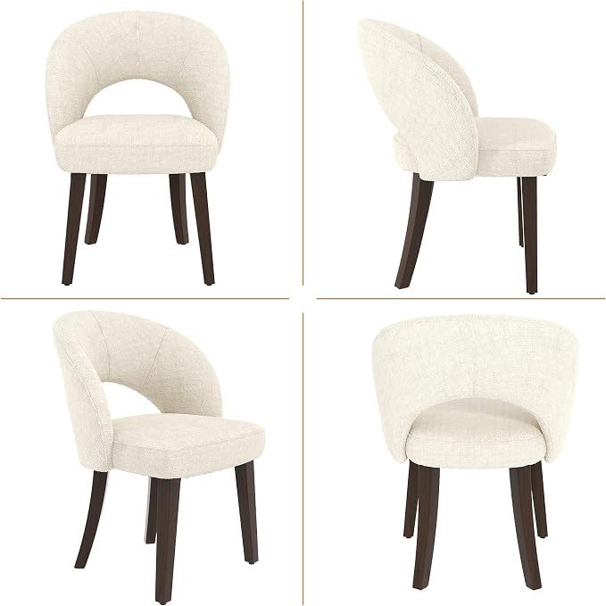 Dining Chairs Set of 6, Mid Century Modern Dining Chairs with Solid Wood Legs, Curved Back Kitchen Chair Farmhouse Side Upholstered Chairs for Kitchen Dining Room, White