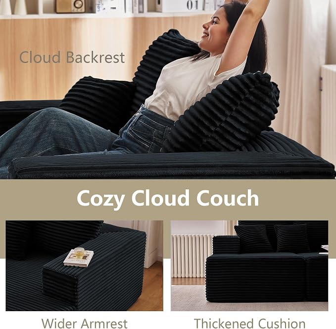 140" L Shaped Cloud Sectional Couch for Living Room, Modular Floor Deep-Seat Sofa, Big Comfy Corduroy Couches Set with Fluffy Memory Foam for Living Room Bedroom, No Assembly Required, Black