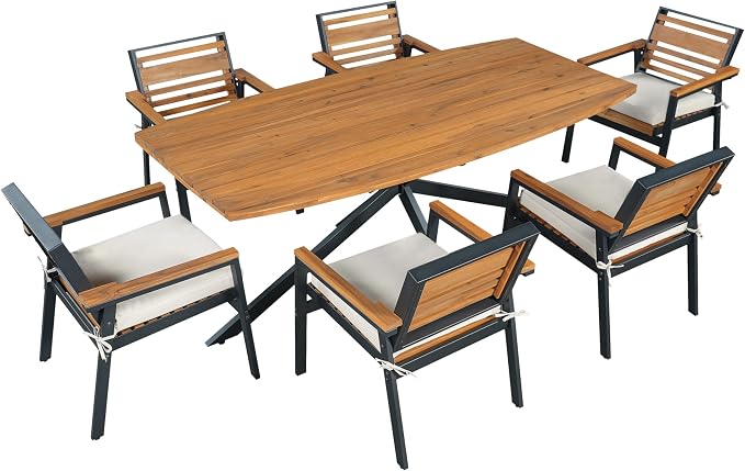 Quarte Stylish 7-Piece Acacia Wood and Iron Dining Set with Removable Cushions – Perfect for Indoor and Outdoor Family Gatherings (Beige/m+w)