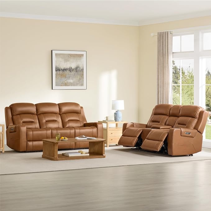 Watson & Whitely Genuine Leather Power Loveseat Recliner Sofa, Lay Flat Reclining Sofa with Console, Power Headrest, Cup Holders & Wireless Charging, Dual Recliner for Living Room, Saddle Brown