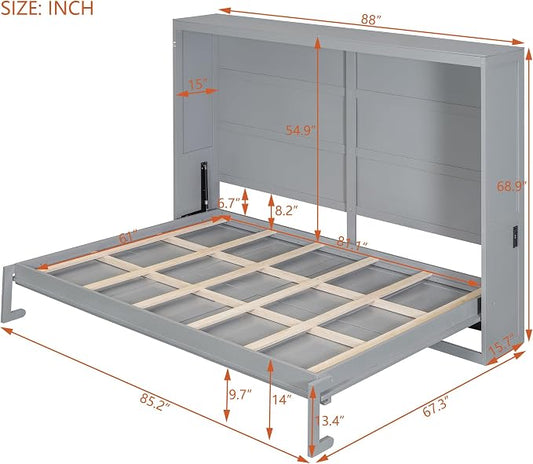 Ball & Cast Queen Size Murphy Bed with Charging Station and Slat Support,Wood Hideaway Cabinet Platform Beds w/Leg & Lock,can be Folded,Space-Saving,for Small Room,Dorms,Gray