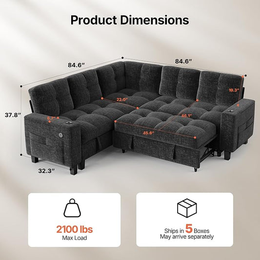 AMADA HOMEFURNISHING 85″ Modular Sectional Sleeper Sofa with Pull Out Couch, U Shaped 5 Seat Sectional Sofa with Storage, USB Ports & Cup Holders, Chenille Cloud Couches for Living Room, Dark Grey