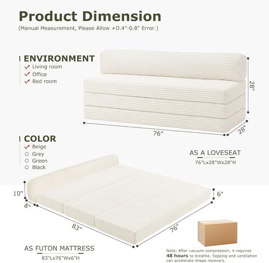 Convertible Sofa Bed, Boneless Loveseat with Removable Cushions & Washable Cover, Futon Sofa Bed with Handle, Pull Out Couch for Living Room, King Size, Beige