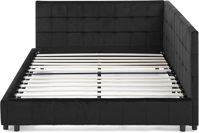 Bellemave Full Size Corner Bed Frame with Comfortable Backrest and Armrests, Velvet Tufted Corner Bed Frame Full Size, Upholstered Daybed for Bedroom, Living Room, Guest Room, Black