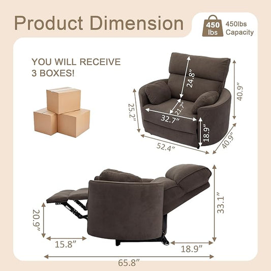 450lbs Oversized Power Recliner Chair, 53" Extra Wide Electric Recliner for Big and Tall Adults, Single Sofa with USB & Type-C Ports, Pillows, Chair for Living Room, Bedroom, Office (Brown)
