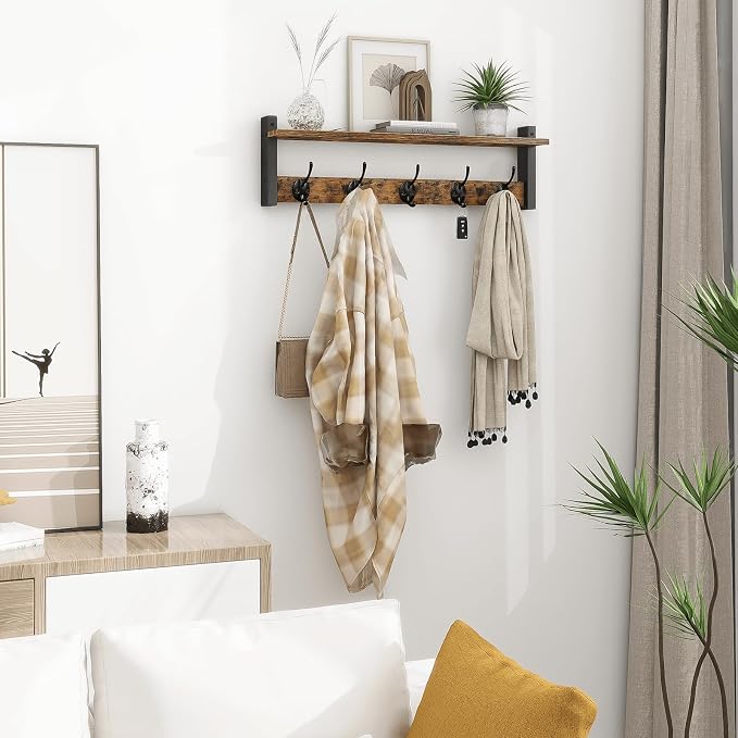 Homode Coat Rack with Wall Mount, 24 Inch Long Entryway Wall Shelf with Hooks, Wood Hanger with Storage Shelf for Bathroom, Hallway, Rustic Brown Black