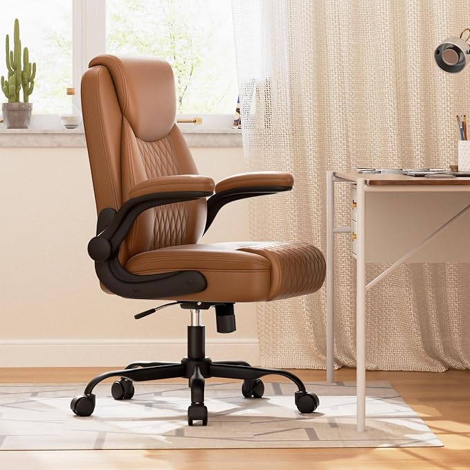 GTPLAYER Leather Office Chair, Home Desk Chair with Flip-up Arms and Ergonomic Back - Comfy Heavy Duty Executive Chair for Home Office Gaming, Brown