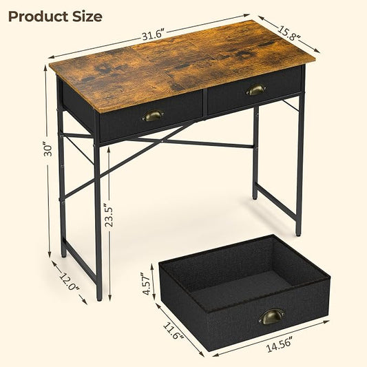 DAOUTIME Small Writing Desk for Kids Bedroom, 31.5 Inch Computer Desk for Small Spaces, Simple Desk with 2 Fabric Drawers for Home Office, Dorm, Living Room, Home Study Table, Rustic Brown