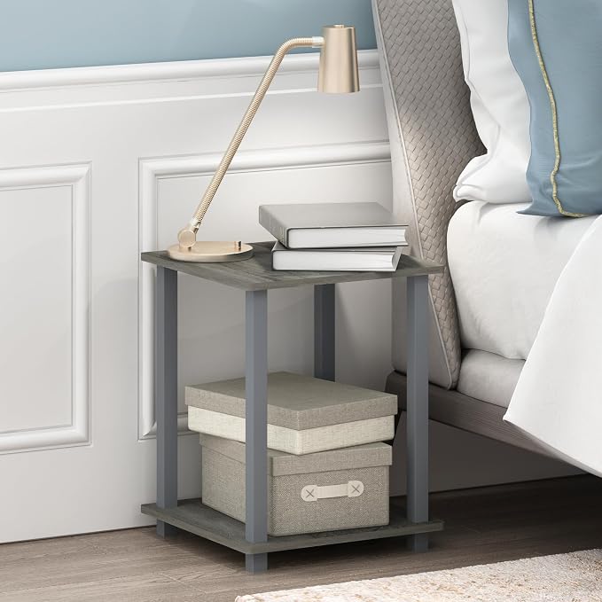 Furinno SIMPLISTIC Side Table Set of 2, 2-Tier Square Modern End Table, Nightstand, Night Stand, Bedside Table, Toolless Assembly, for Living Room, Bedroom, French Oak