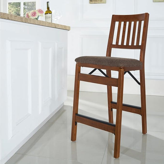 MECO Stakmore Premium Solid Wood Dining Table Folding Counter Stools Set with Fabric Padded Upholstered Seat, Espresso (2 Pack)