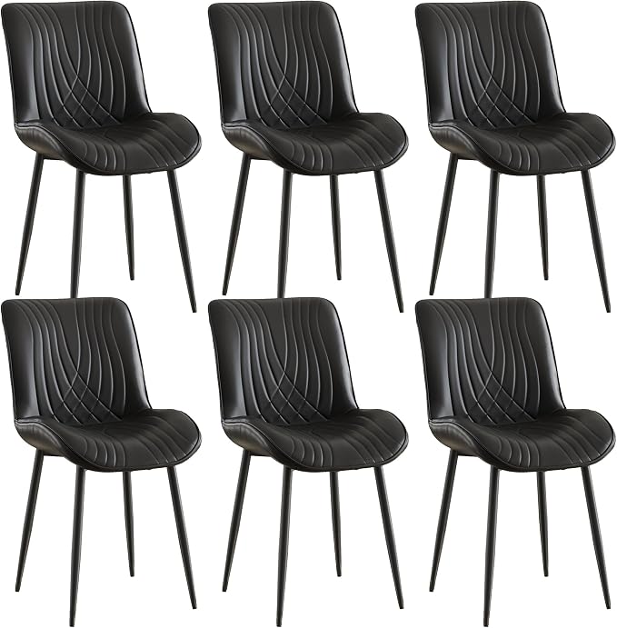 VECELO Dining Chairs Set of 6, Modern Upholstered Faux Leather Cushion Seat and Metal Legs for Kitchen, Living Room, Black