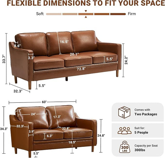 Kingfun Couch Sets for Living Room, 3 Seater Couch and Loveseat, Mid Century Modern Sofa Set, Faux Leather Couch with Solid Wood Frame for Bedroom