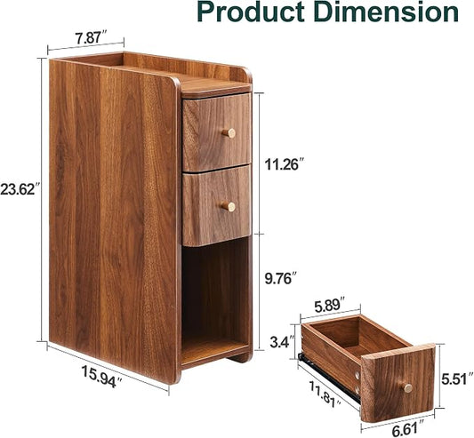 Narrow Nightstand Set of 2, Wooden Small 2 Drawer Nightstand, Slim Side End Table, Skinny Bedside Table, Mid Century Modern Night Stand with Drawers, for Bedroom (Walnut-2pcs)