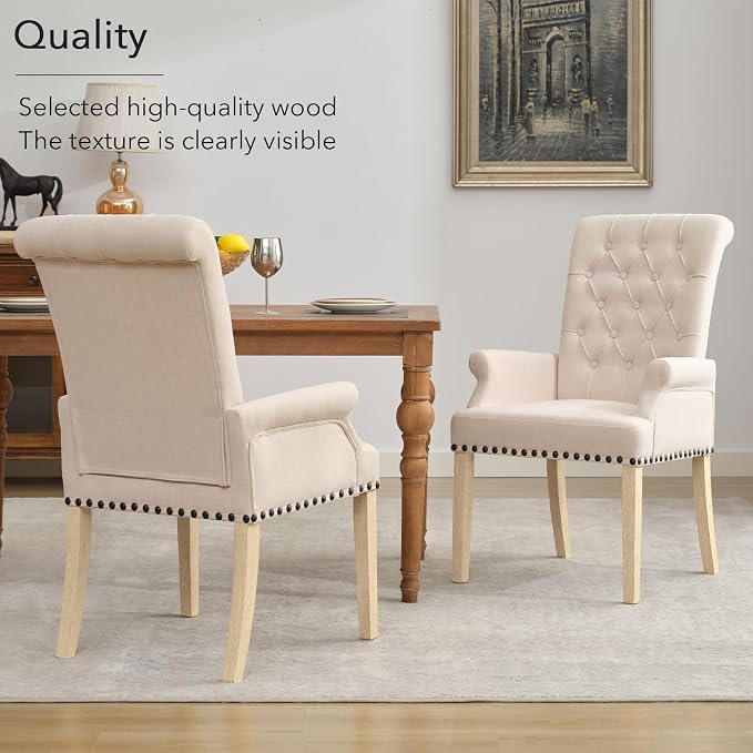 adochr Dining Chairs with Arms, Upholstered Linen Dining Room Chairs with Solid Wood Legs, Accent Armchair for Kitchen Dining Living Room, Beige