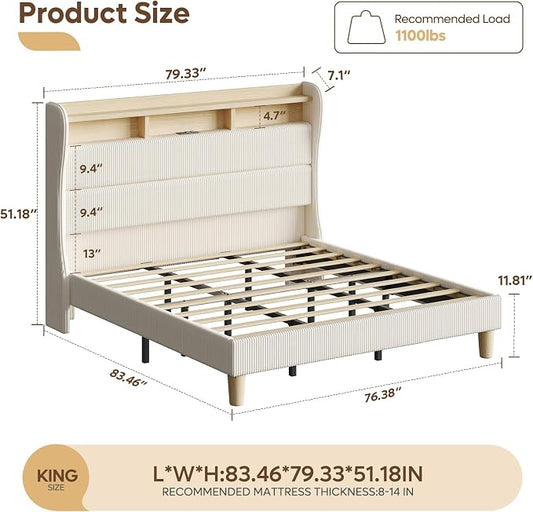 Bestier King Size Upholstered Wingback Bed Frame with 51” High Headboard Corduroy Fabric RGB LED Lights, Charging Station Dual Storage Shelves Modern Off White Platform Bed No Box Spring Needed