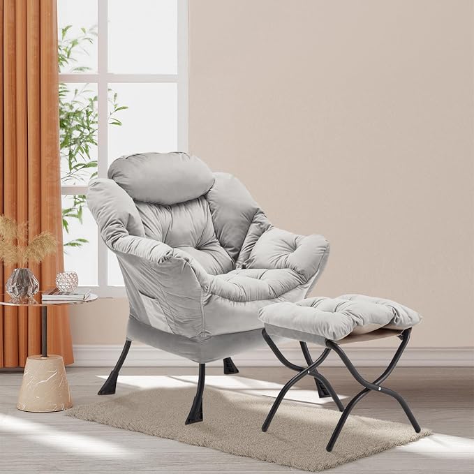 Youtanic Lazy Chair with Folding Ottoman, Accent Chair Velvet Upholstered with Metal Structure and Non-Slip Pads, Sofa Armchair with Footrest and Side Storage Bag for Dorm, Room, Office, Light Gray