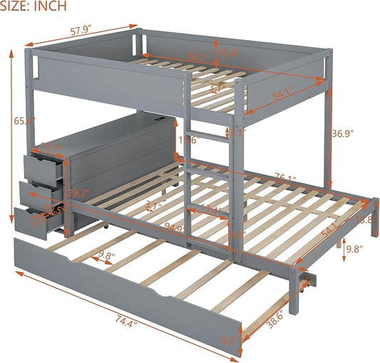 Harper & Bright Designs Full Over Full Bunk Bed with Twin Size Trundle, Wood Full Bunk Bed with USB Ports, Storage and Desk, Gray