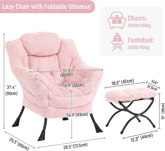 Furlide Lazy Chair with Ottoman, Modern Accent Chair with Armrests and a Side Pocket, Plush Pink Accent Chairs, Reading Chairs, Oversized Armchairs for Bedroom, Study, Living Room, Courtyard