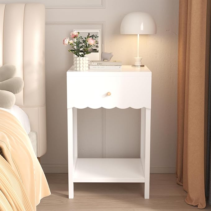 Night Stand Nightstand with Drawer and Open Shelf, Cute Scalloped Edge Bedside Table for Girls Bedroom, Modern Wood End Table, Coquette Preppy Room Decor for Bedroom, Dorm
