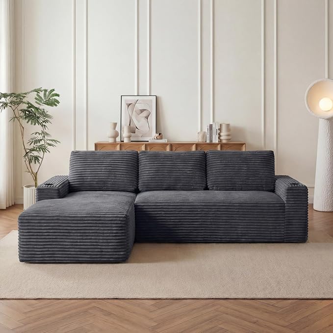104" L Shaped Boneless Sectional Couches for Living Room, Comfy Corduroy Floor Cloud Sofa with Chaise and Cup Holder, Wide Armrest, Deep Seat, Assembly Free, Ideal for Small Spaces, Grey