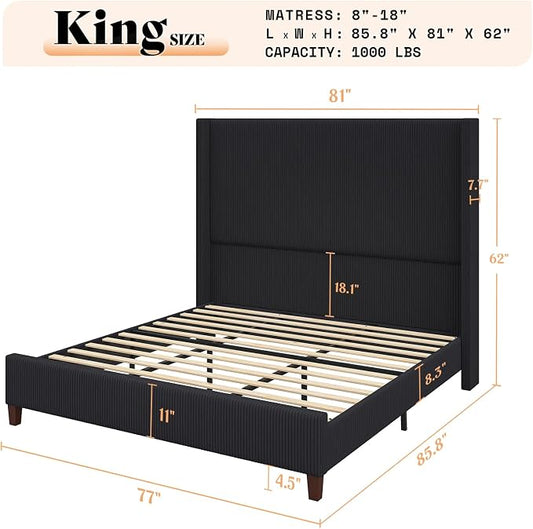 AMERLIFE King Size 62" Corduroy Upholstered Bed Frame, Luxurious Platform Bed with Extra Tall Wingback Headboard and Vertical Stripe, No Box Spring Needed/Solid Wood Slats & Legs/Black