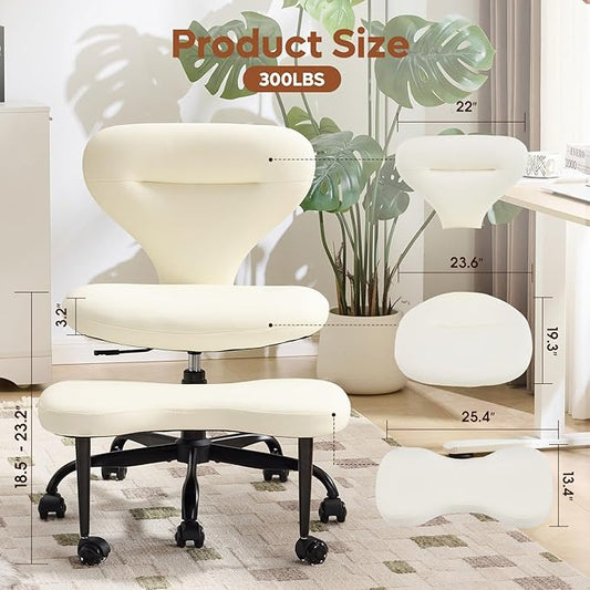 YFO Ergonomic Cross Legged Office Chair and ADHD Meditation Chair with Silent Wheels for Home Office Desk Chair and Yoga, Wider Backrest Support and Storage Pockets Design, PU Leather, Cream