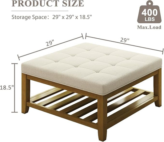Befurtori Large Square Ottoman Coffee Table, Linen Solid Upholstered Footrest Ottoman with Solid Wood Shelf Storage Tufted Coffee Table for Bedroom Living Room, Ivory