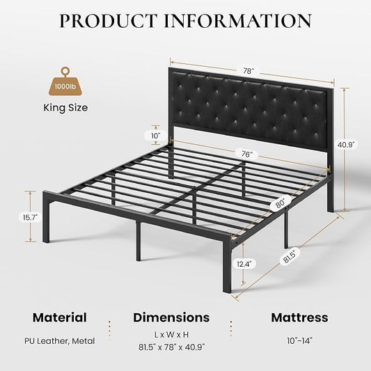 SHA CERLIN King Size Metal Bed Frame with PU Tufted Headboard, Black | Modern Design Heavy-Duty Platform Bed, No Box Spring Need, PU Leather Upholstery, Noise Free, Easy Assembly
