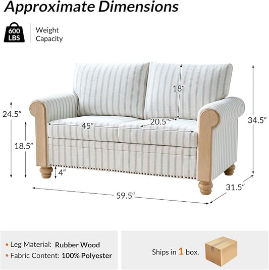 Farmhouse Loveseat with Rolled Arms,Stripe Modern Sofa with Brushed Wood Gourd Feet & Copper Nailhead Trim, Linen Fabric Upholstered Couches for Living Room, Blue