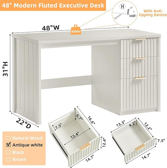 LEYAOYAO Office Desk 48" with 3 Drawers Storage File Cabinet Wood Fluted Desk for Computer Office Bedroom Home Furniture White