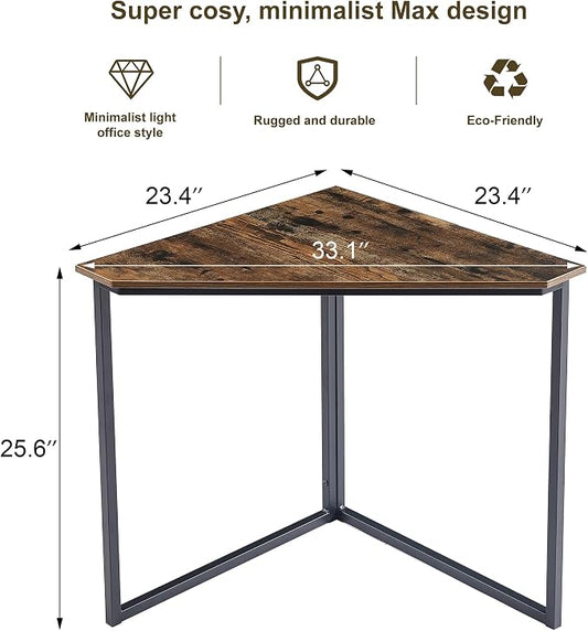 VECELO Corner Desk,Office Tables for Living Room for Small Space Triangle Computer Desk with Steel Frame Corner Shelves with Metal Frame Writing Desk for Workstation Classic Brown 33.1"