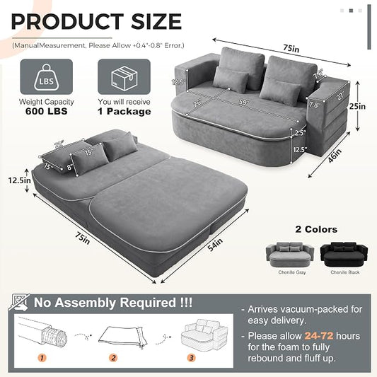 75" Boneless Couch Bed,Fold Up Sleeper Sofa for Adults, Memory Foam Floor Couch with 4 Pillows & Blanket, No Assembly Foldable Guest Bed for Apartment,Living Room