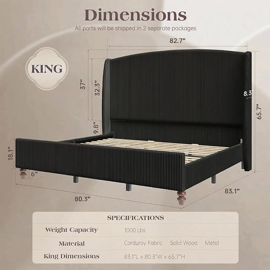 King Size 65.7" Tall Headboard Upholstered Bed Frame with Wingback, Soft Washable Corduroy Beds Cover, Solid Wood Legs, Noise-Free, No Box Spring Needed, Black