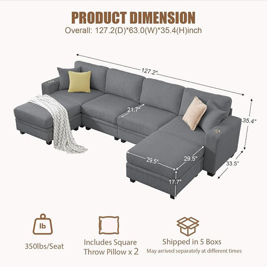 127" Modular Sectional Sofa with Storage, Corduroy 6-Seater U-Shaped Sofa with Ottoman Chaise, Cloud Sectional Couches for Living Room, Apartment