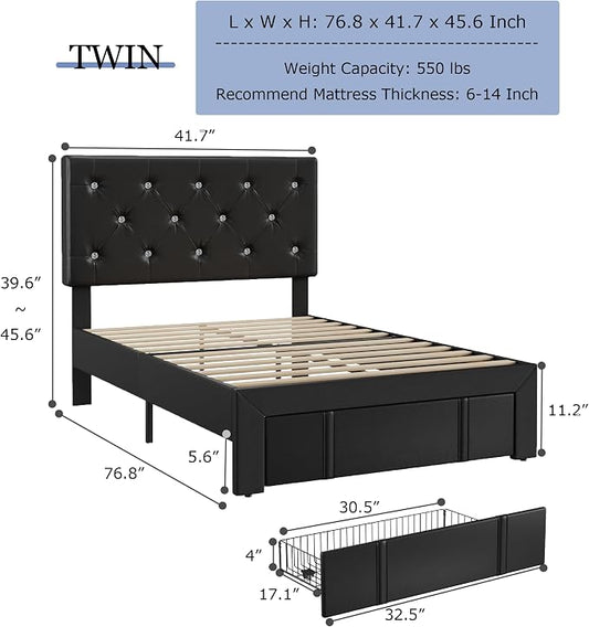 VECELO Twin Size Bed Frame with Storage Drawers, Leather Upholstered Bedframe with Diamond Tufted Headboard, Solid Wood Slat Support, No Box Spring Needed, PU Black