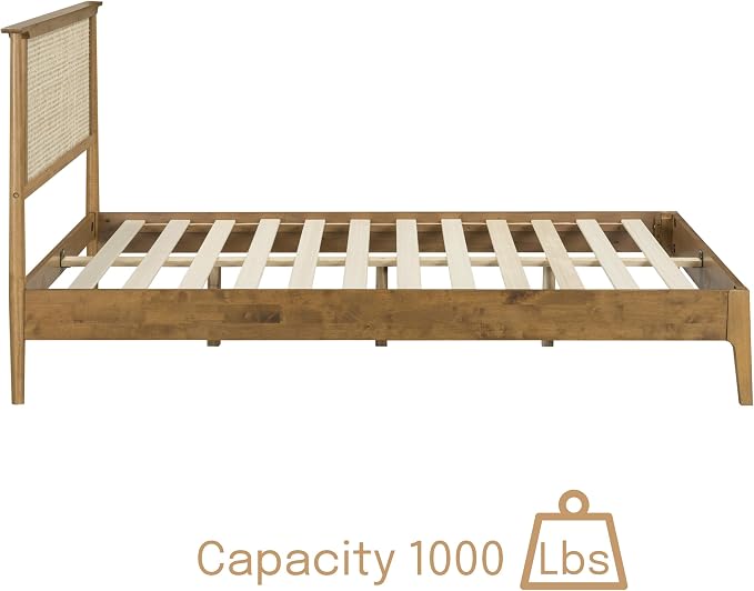 NTC Ruby Wooden Bed Frame with Headboard and Natural Rattan, Solid Oak/Rubber Wood Foundation with Silent Slats, 1000 Lb Capacity, Effortless Assembly Queen - Teak Look