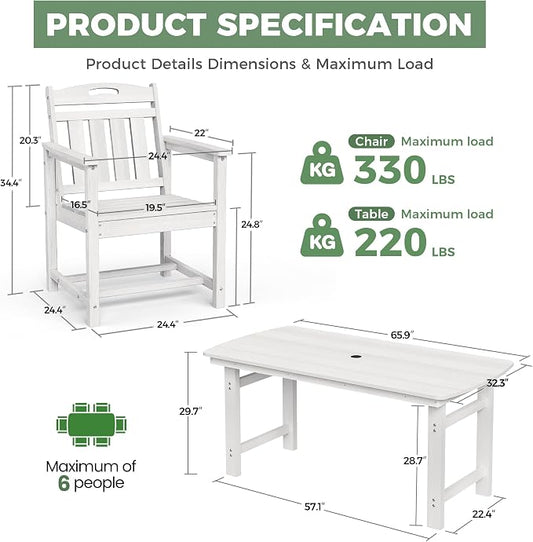 HDPE Outdoor Patio Dining Set with Table & 4 Chairs, All-Weather 5-Piece Outdoor Table and Chairs, 2" Umbrella Hole, Patio Furniture for Garden, Backyard, Deck | White
