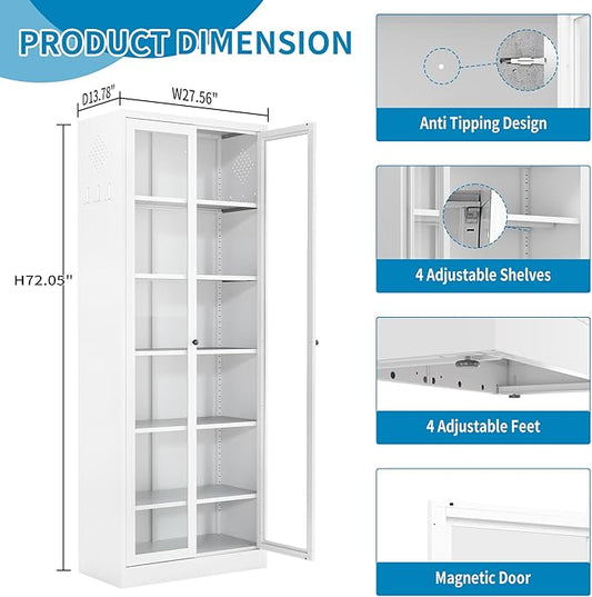72"H Full Glass Door Steel Kitchen Pantry Cabinets Display Cabinet | Storage Organizer with Adjustable Shelves, Glass Doors Storage Cabinet for Kitchen, Dining Room,Assembly Required