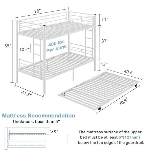 VECELO Twin Over Twin Bunk Bed with Trundle, Off White | Metal Bunkbeds, 2 Side Ladders, Full-Length Guardrail, Noise Free, No Box Spring Needed
