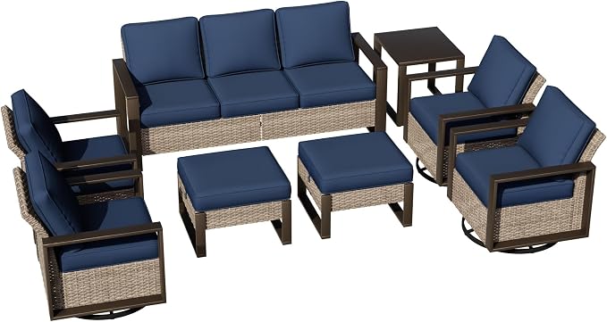 Outdoor Patio Swivel Rocker Chairs, 8 Pieces Wicker Furniture Set, 4 Swivel Rocking Chairs, 1 Sofa, 2 Ottoman and 1 Table, Wide Armrest, Thick Cushions and Deep Seating for Garden, Backyard, Porch