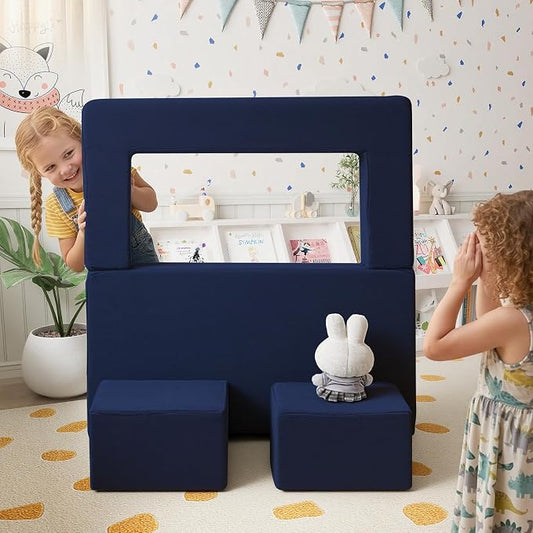 MeMoreCool Convertible Modular Kids Couch – Foam Toddler Sofa with Washable Removable Cover, Soft Plush Fold-Out Floor Couch for Bedroom (Navy)