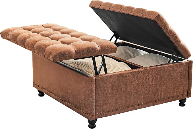 Redlife 35 Inch Large Square Storage Ottoman, Storage Ottoman Coffee Table with Lift Top Faux Leather Ottomans Square Footrest Oversized Upholstered Coffee Table for Living Room (Brown Leathaire)