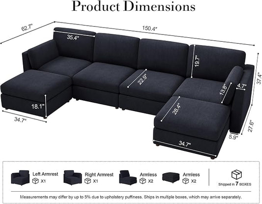 Oversized Modular Sectional Sofa U-Shaped Cloud Couches Blue | 150'' Deep Seat Couch for Living Room, 6-Seater Luxury Corner sofa with Ottoman, Solid Wood Frame, Removable Washable Cover