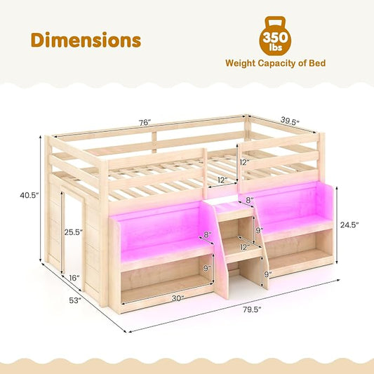 Giantex Low Loft Bed with LED Lights, Wooden Twin Loft Bed with Stairs & Safety Guardrail, Loft Bed Twin Size with Storage Bookcase and Under-Bed Play Space, Loft Bed for Kids (Natural)