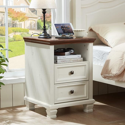 SAVOR LIFE Farmhouse Nightstand Set of 2 with Charging Station, Antique Nightstands with Drawers, Bedside Table with Open Shelf for Bedroom, White