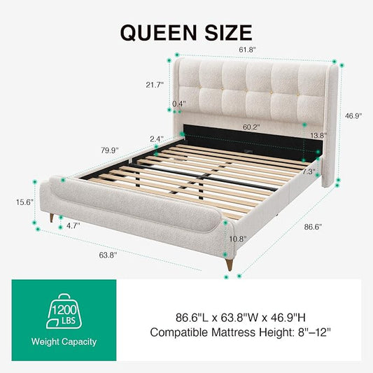 Novilla Queen Bed Frame with Charging Station & LED Lights, Upholstered French Luxury Platform Bed with Wingback Headboard, Lamb Wool Fabric, No Box Spring Needed, Easy Assembly, Cream White